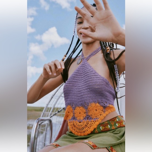 ZARA Halter Knit Top Crochet Look size L - Picture 2 of 8